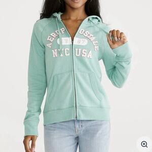 Aeropostale Medium Ladies Zip up Hoodie Aqua Spring Silver Raised Lettering